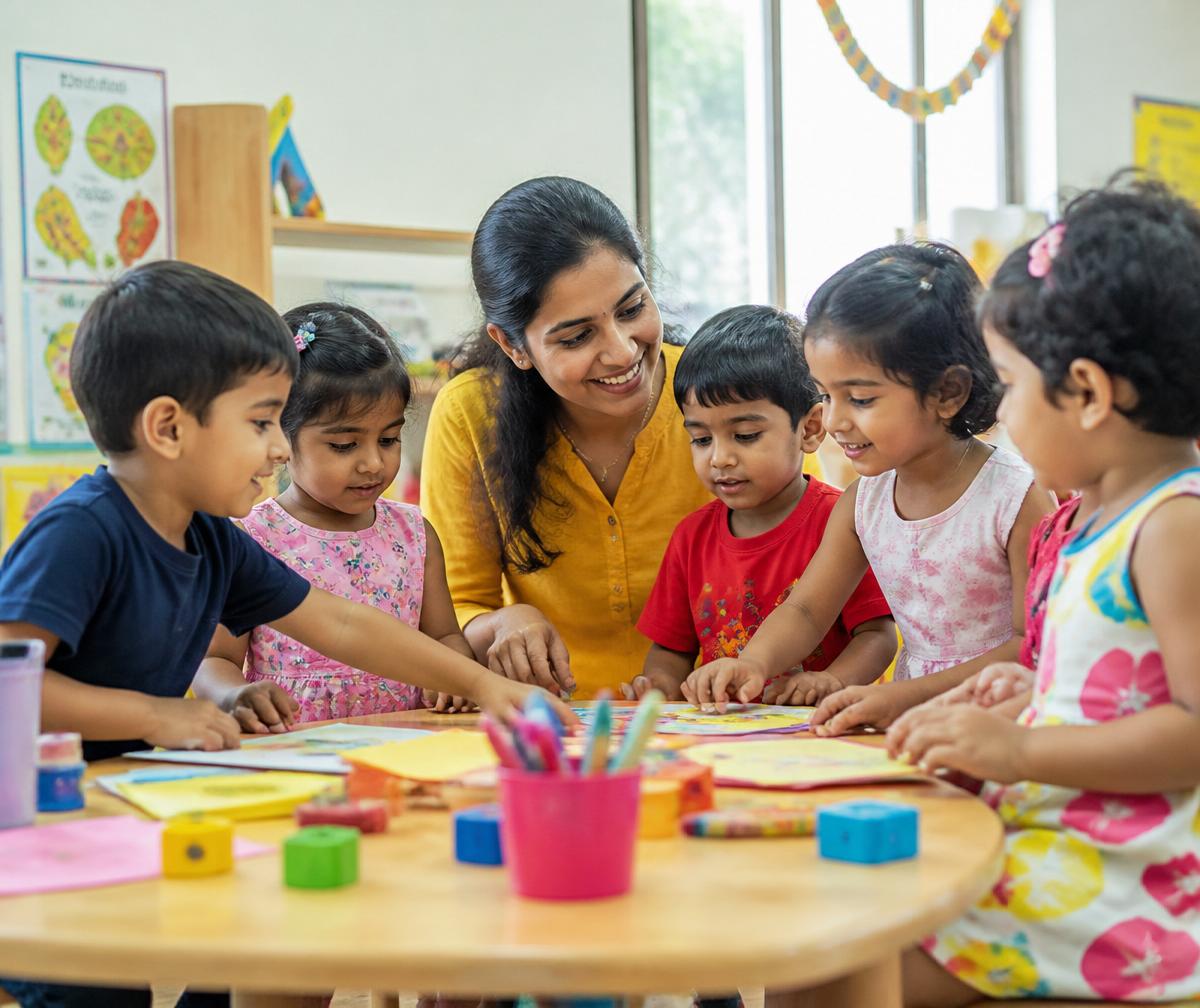 Cheerful preschool teacher engaging Indian children in a bright modern classroom