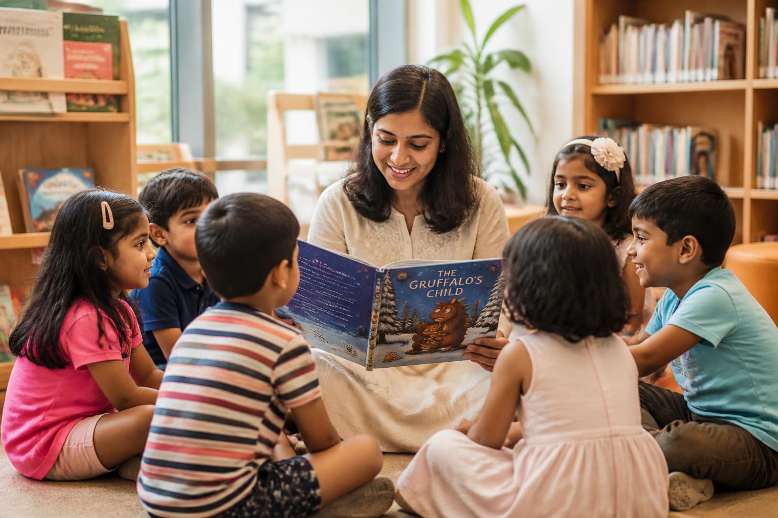A child reading a picture book in a bright library nook